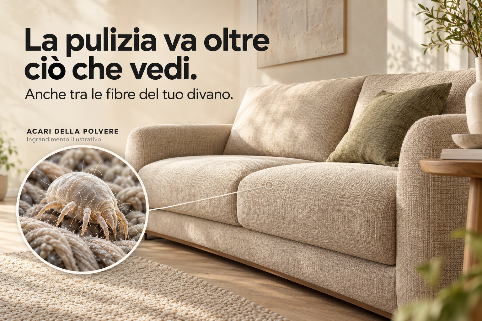 Ravvicinato del tessuto di un divano con ingrandimento illustrativo del comparto delle fibre