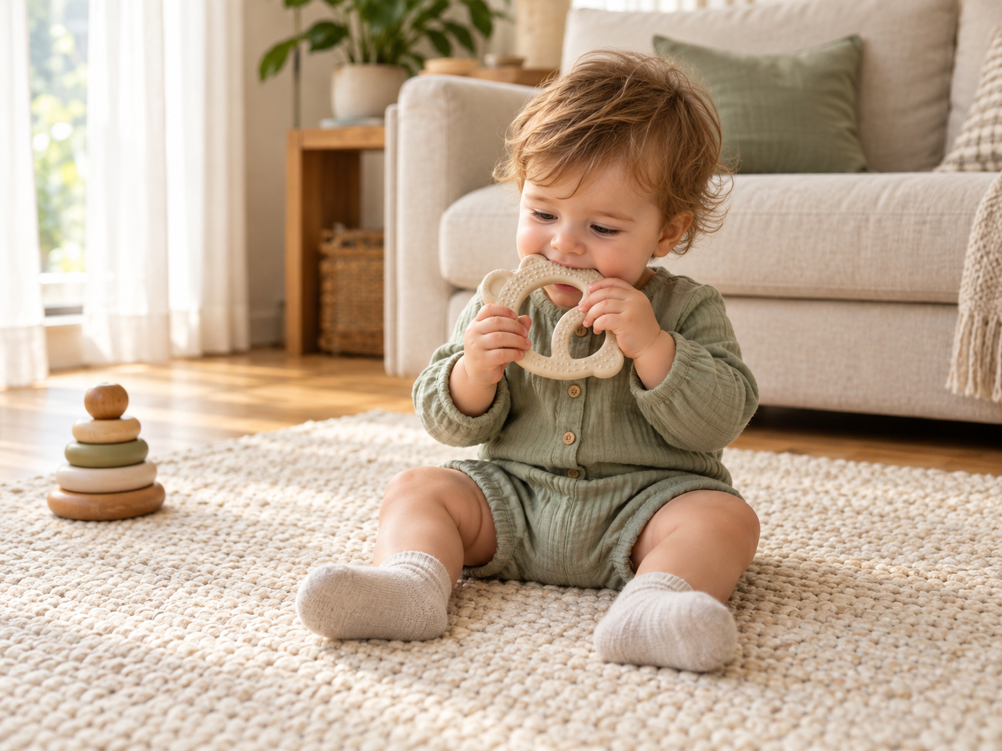 Bambino seduto sul tappeto di casa con un gioco alla bocca e un divano sullo sfondo